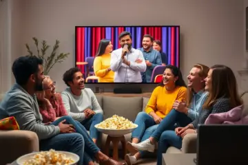 alt_text: A diverse group laughs together on a sofa, illuminated by a hilarious moment on the TV during a cozy movie night.