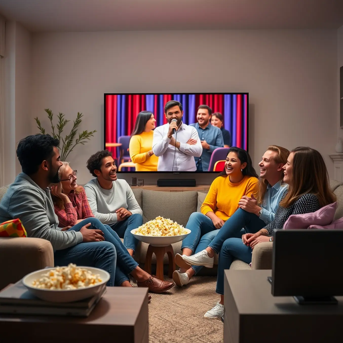 alt_text: A diverse group laughs together on a sofa, illuminated by a hilarious moment on the TV during a cozy movie night.