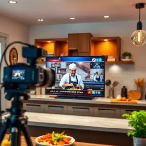 alt_text: A chef films a cooking show in a modern, cozy kitchen, framed by a TV screen displaying the live broadcast interface.