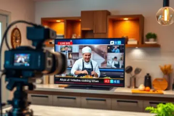 alt_text: A chef films a cooking show in a modern, cozy kitchen, framed by a TV screen displaying the live broadcast interface.