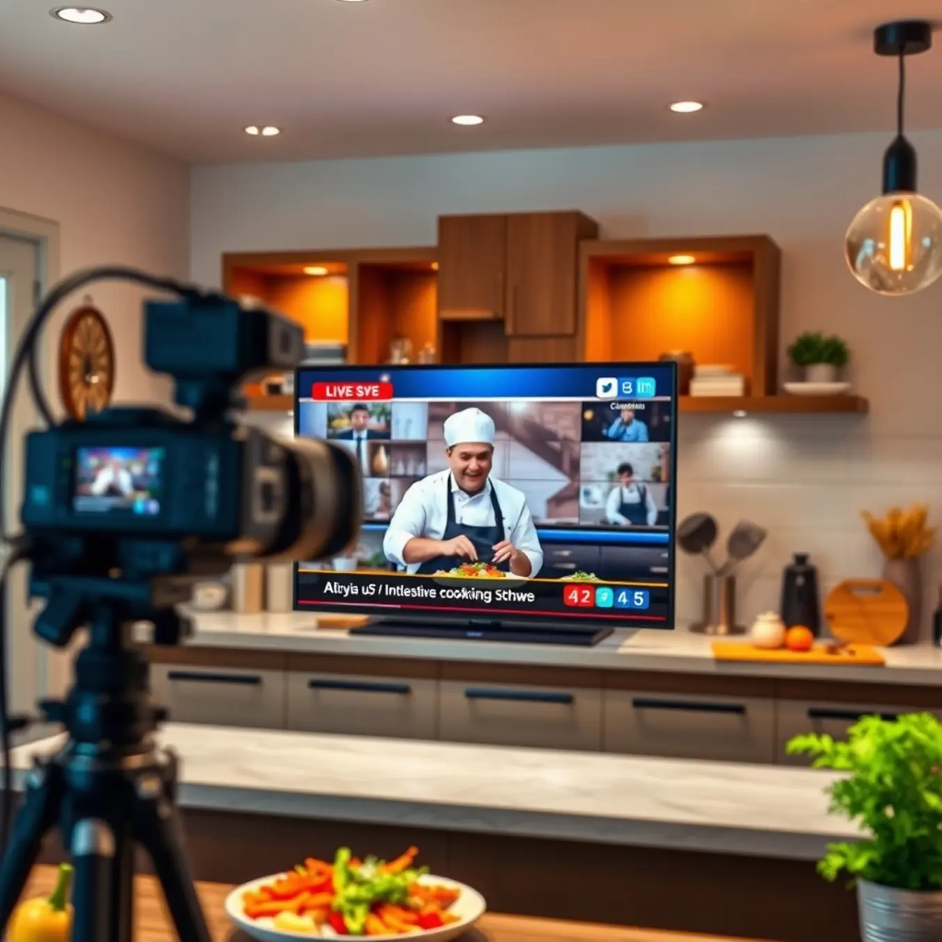 alt_text: A chef films a cooking show in a modern, cozy kitchen, framed by a TV screen displaying the live broadcast interface.