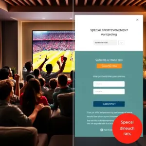 alt_text: Friends cheer a football match on a large TV, next to a digital interface showing a special IPTV sports subscription offer.