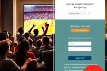 alt_text: Friends cheer a football match on a large TV, next to a digital interface showing a special IPTV sports subscription offer.