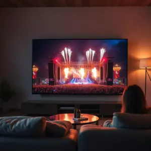 alt_text: A vibrant music festival with pyrotechnics is watched on a modern TV in a cozy, contemporary living room.