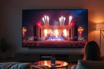 alt_text: A vibrant music festival with pyrotechnics is watched on a modern TV in a cozy, contemporary living room.