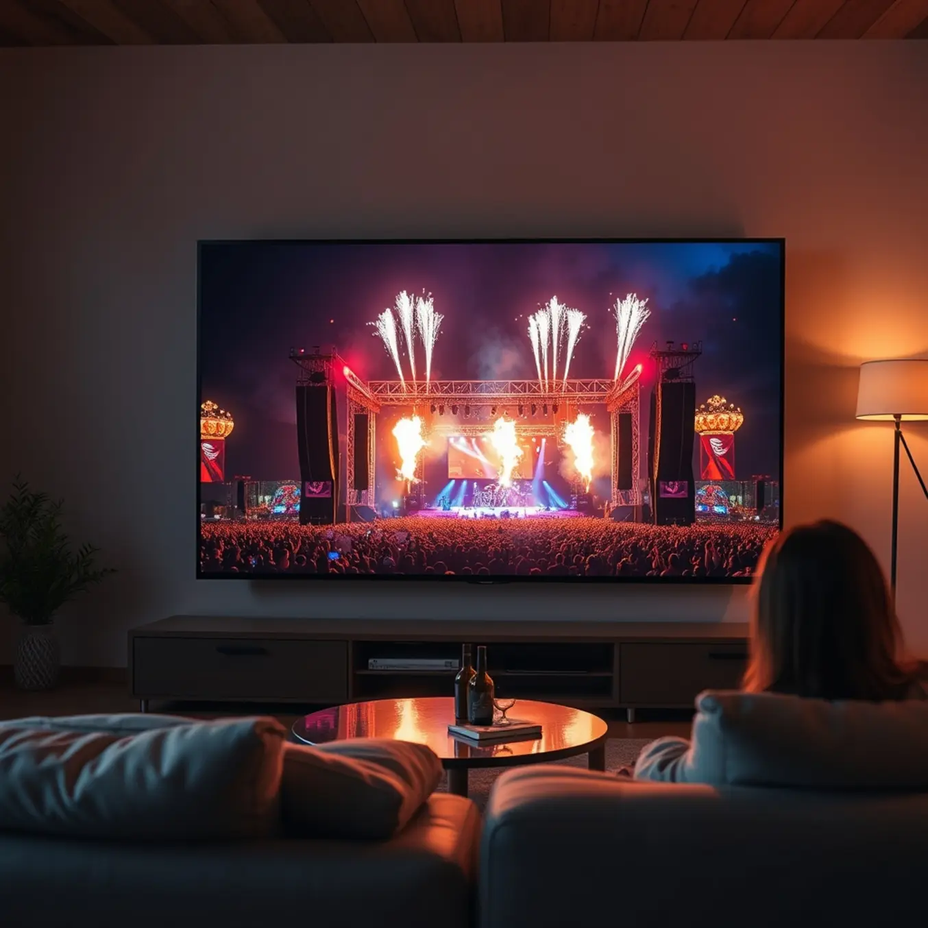 alt_text: A vibrant music festival with pyrotechnics is watched on a modern TV in a cozy, contemporary living room.