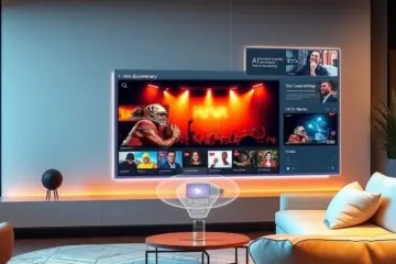 alt_text: A 2025 living room where a user interacts with a holographic remote. A large transparent OLED screen shows personalized content streams.