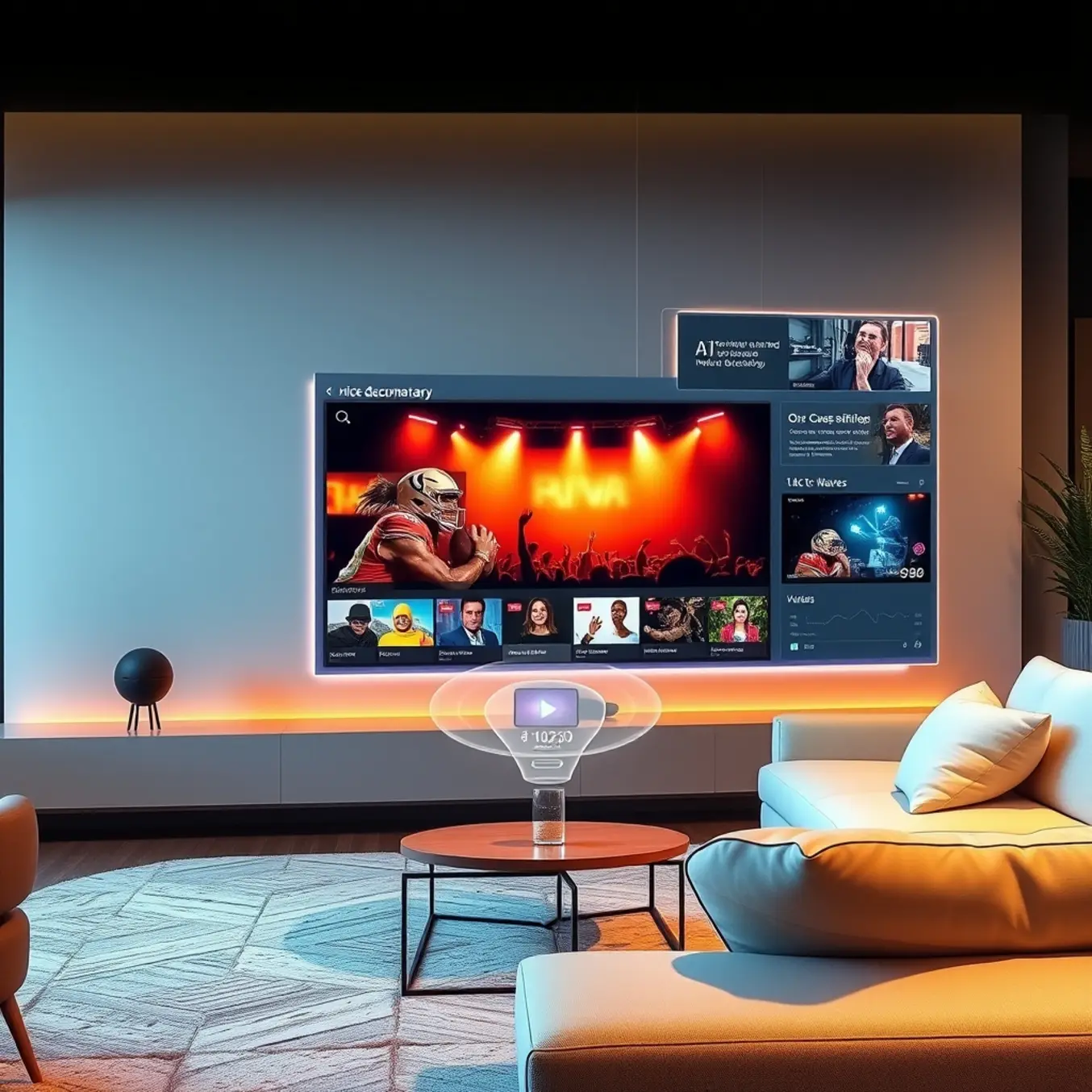 alt_text: A 2025 living room where a user interacts with a holographic remote. A large transparent OLED screen shows personalized content streams.