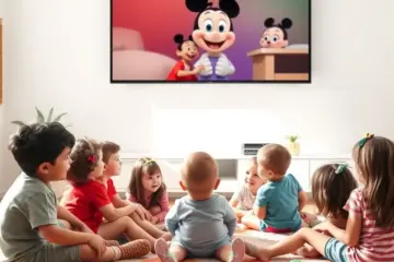 alt_text: A diverse group of happy children, relaxed on a colorful rug, watching a friendly animated character on TV without any ads.