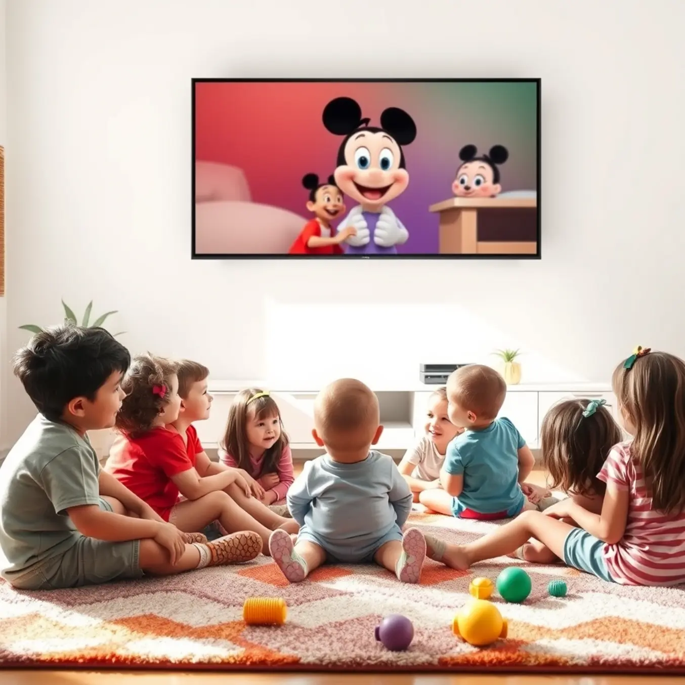 alt_text: A diverse group of happy children, relaxed on a colorful rug, watching a friendly animated character on TV without any ads.