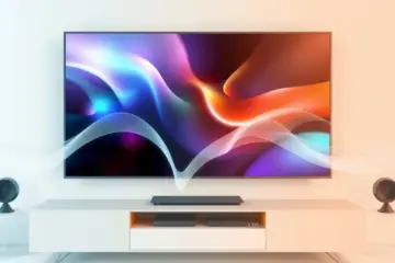 alt_text: A vibrant TV screen streams video, with translucent data waves flowing into it to represent different internet bandwidth speeds.