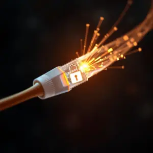 alt_text: A high-tech fiber optic cable with a glowing digital lock being bypassed by shimmering data streams on a dark network.