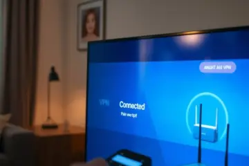 alt_text: A person in a cozy living room uses a remote to control a Smart TV displaying a connected VPN app interface.