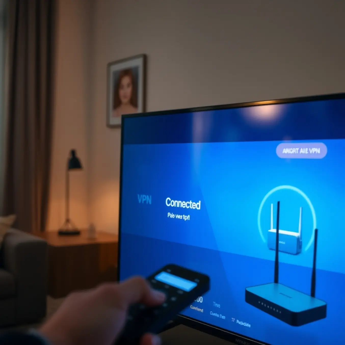 alt_text: A person in a cozy living room uses a remote to control a Smart TV displaying a connected VPN app interface.