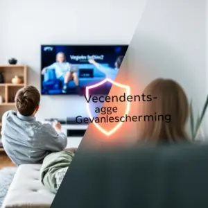 alt_text: A person watches modern IPTV, while a translucent GDPR document with a glowing shield highlights data privacy in the living room.