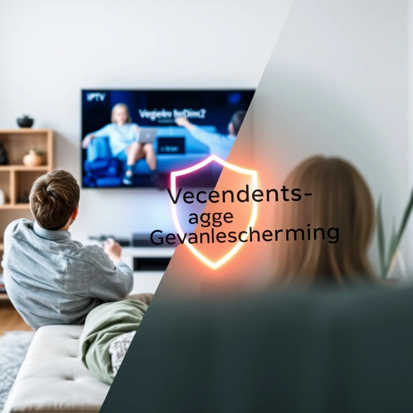 alt_text: A person watches modern IPTV, while a translucent GDPR document with a glowing shield highlights data privacy in the living room.