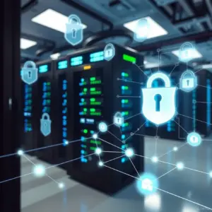 alt_text: A secure, high-tech server room with glowing server racks, floating encryption symbols, and a holographic network map.