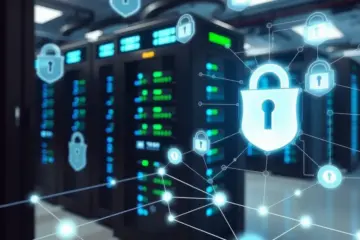 alt_text: A secure, high-tech server room with glowing server racks, floating encryption symbols, and a holographic network map.
