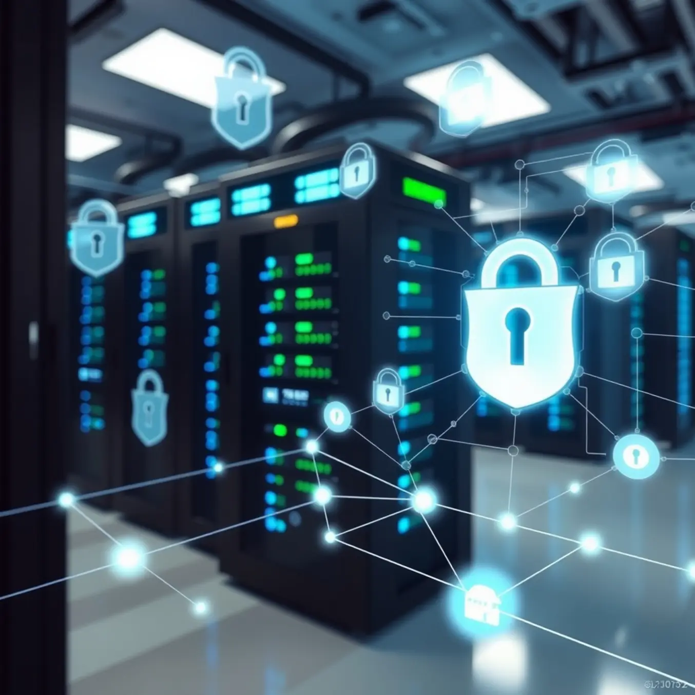 alt_text: A secure, high-tech server room with glowing server racks, floating encryption symbols, and a holographic network map.
