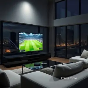 alt_text: A sleek living room at night features a TV broadcasting a crisp sports game with stable network icons, as the illuminated city glows outside.