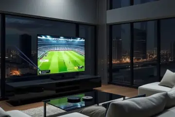 alt_text: A sleek living room at night features a TV broadcasting a crisp sports game with stable network icons, as the illuminated city glows outside.