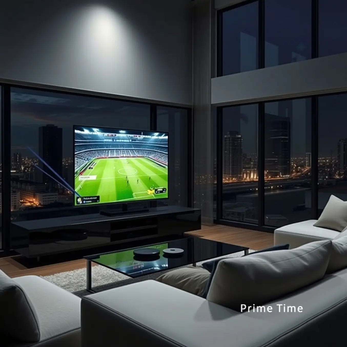 alt_text: A sleek living room at night features a TV broadcasting a crisp sports game with stable network icons, as the illuminated city glows outside.