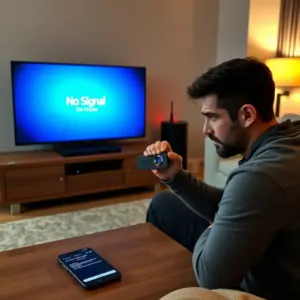 alt_text: A frustrated user sees a "No Signal" error on their TV from a Fire TV Stick, with a router blinking red and IPTV app errors on a phone.