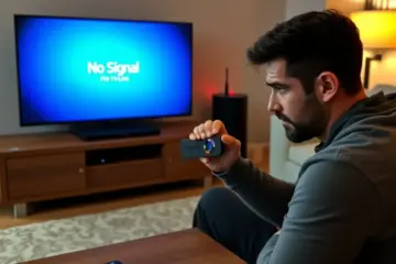 alt_text: A frustrated user sees a "No Signal" error on their TV from a Fire TV Stick, with a router blinking red and IPTV app errors on a phone.