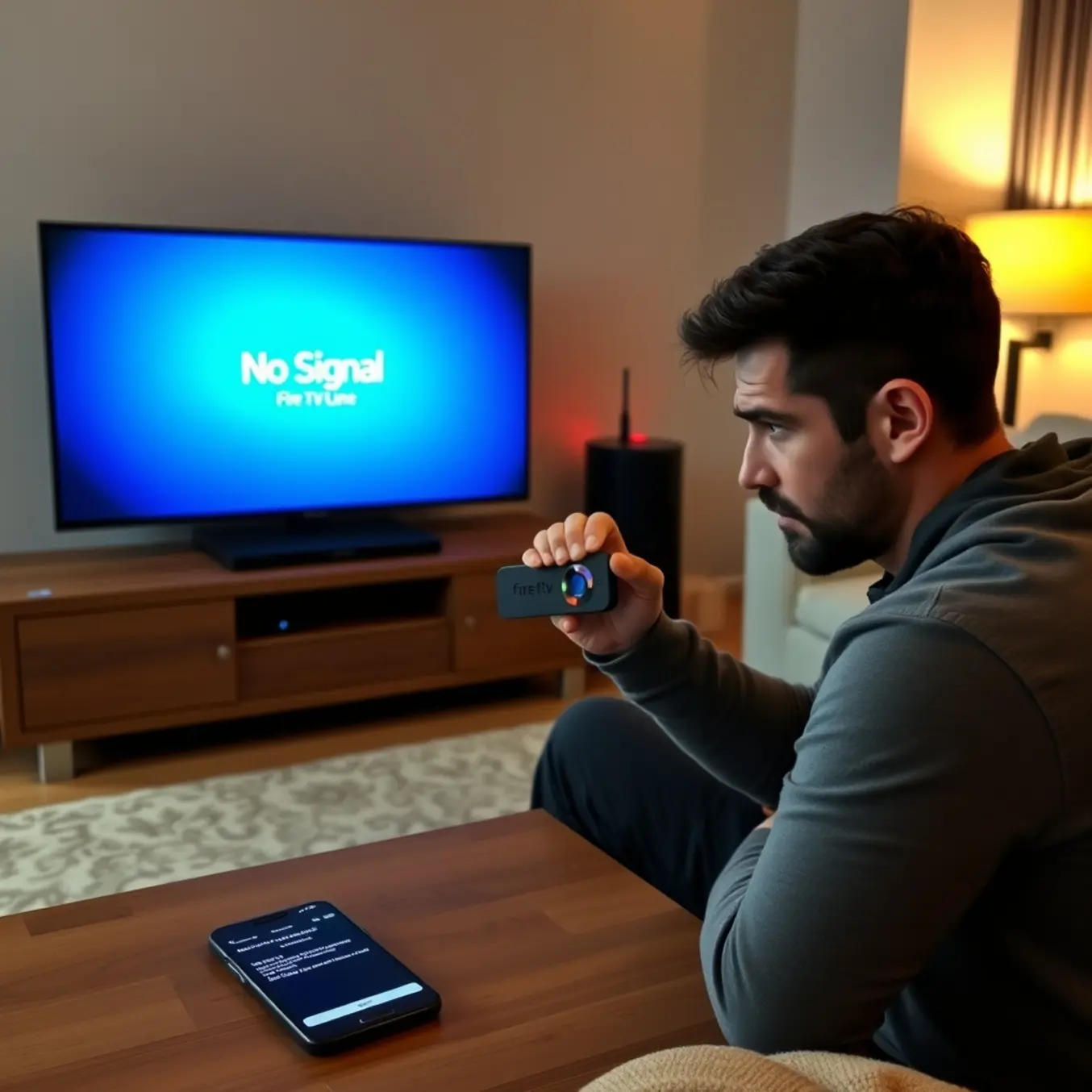 alt_text: A frustrated user sees a "No Signal" error on their TV from a Fire TV Stick, with a router blinking red and IPTV app errors on a phone.
