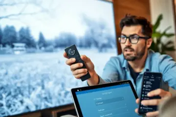 alt_text: A frustrated user troubleshoots a frozen flatscreen TV using a smart remote and a phone's support menu in a modern living room.