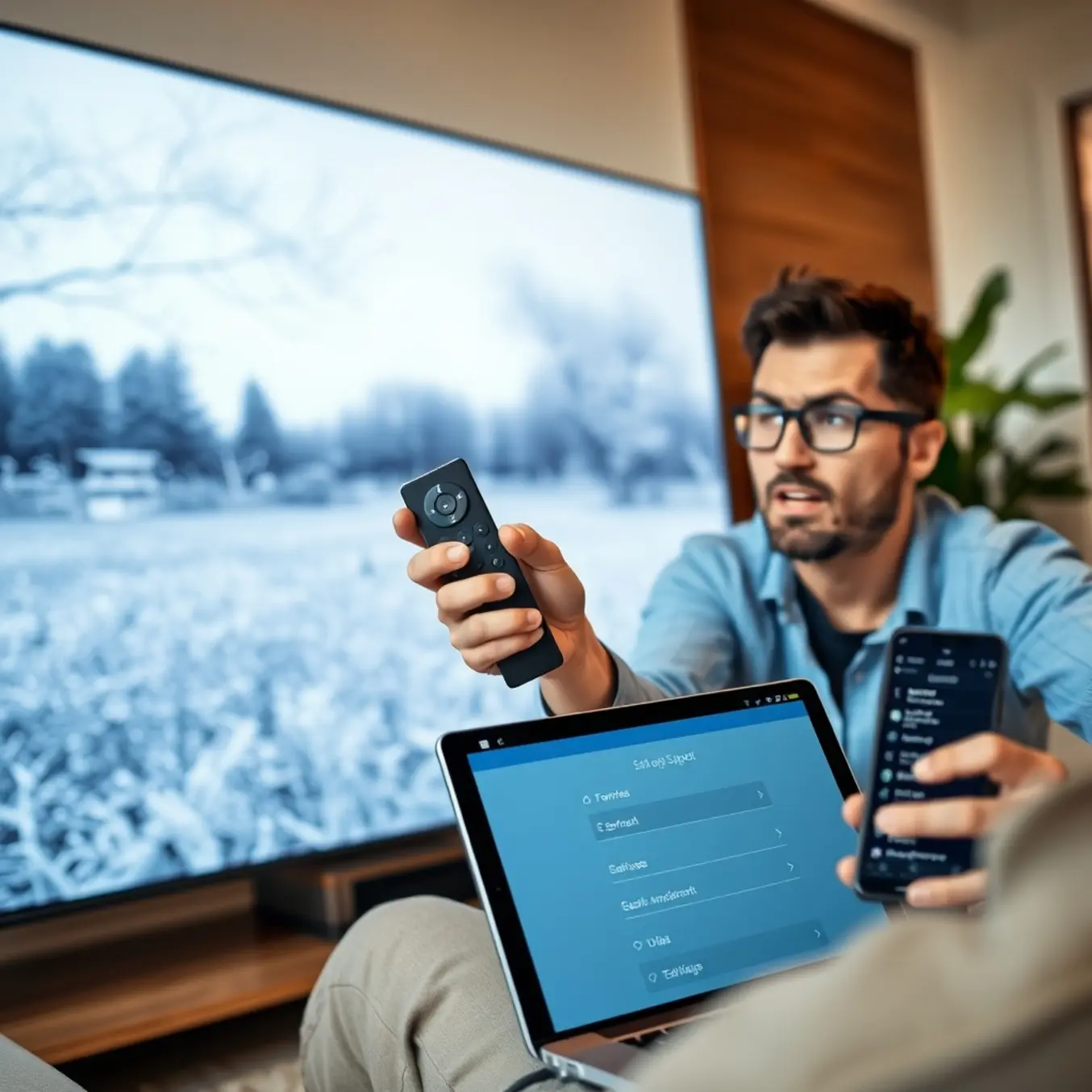 alt_text: A frustrated user troubleshoots a frozen flatscreen TV using a smart remote and a phone's support menu in a modern living room.