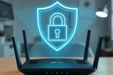alt_text: A secure Wi-Fi router with a glowing digital shield and a holographic lock icon, set in a home office.