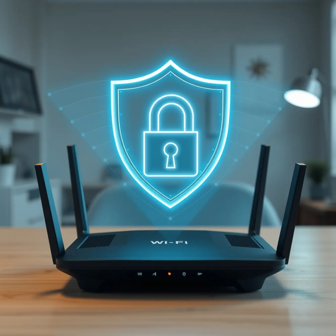 alt_text: A secure Wi-Fi router with a glowing digital shield and a holographic lock icon, set in a home office.