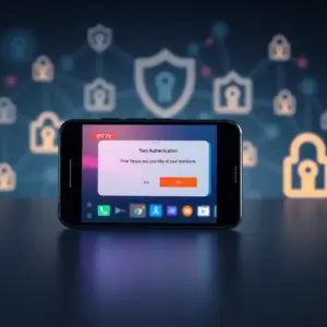 alt_text: A secure smartphone with a vibrant IPTV interface and a two-factor authentication prompt, set against a soft digital shield background.