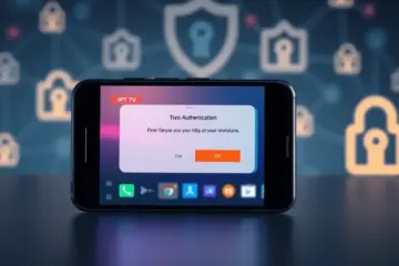 alt_text: A secure smartphone with a vibrant IPTV interface and a two-factor authentication prompt, set against a soft digital shield background.