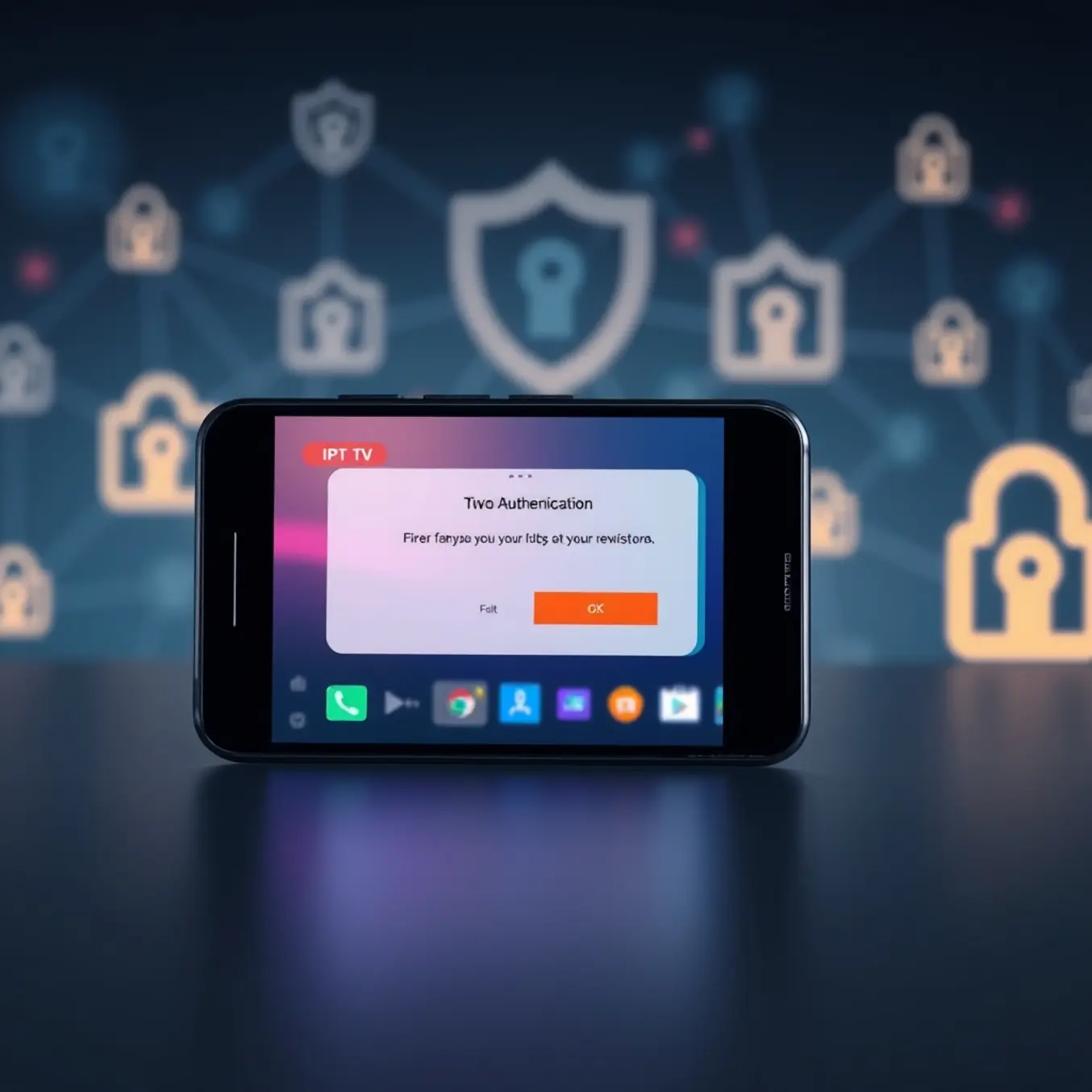 alt_text: A secure smartphone with a vibrant IPTV interface and a two-factor authentication prompt, set against a soft digital shield background.