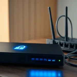 alt_text: A hyper-realistic close-up of a sleek black set-top box displaying a glowing blue lock icon, placed on a minimalist desk next to a fiber optic router.