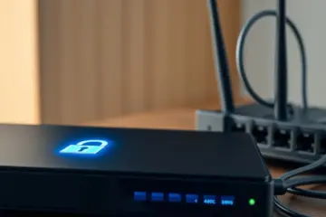 alt_text: A hyper-realistic close-up of a sleek black set-top box displaying a glowing blue lock icon, placed on a minimalist desk next to a fiber optic router.