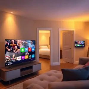 alt_text: A warm living room at golden hour, with a smart TV showing a sports game, mirrored on a smaller TV visible in the bedroom.