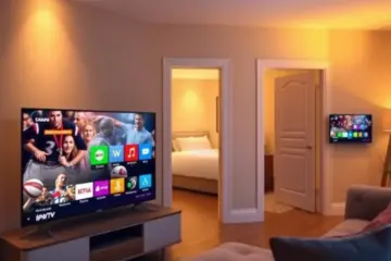 alt_text: A warm living room at golden hour, with a smart TV showing a sports game, mirrored on a smaller TV visible in the bedroom.