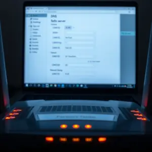 alt_text: A tense scene of a Wi-Fi router with glowing amber lights and a laptop displaying highlighted DNS settings in dramatic lighting.