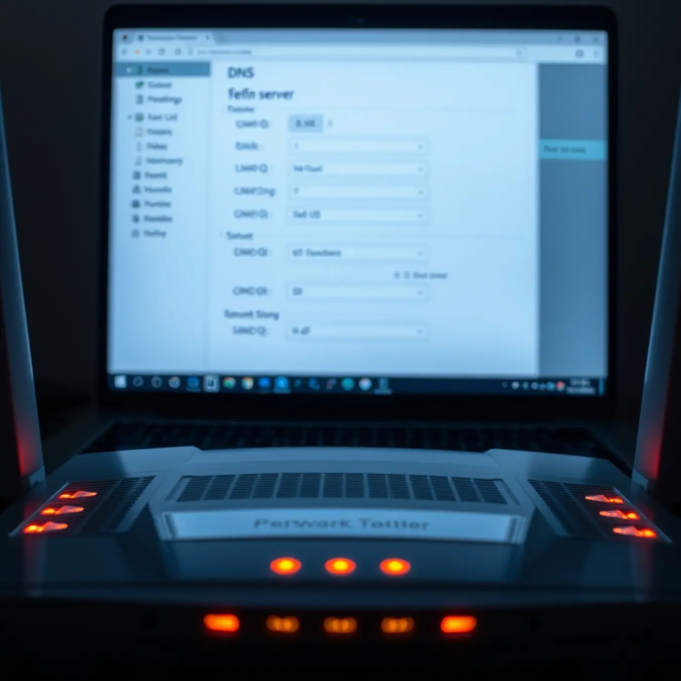 alt_text: A tense scene of a Wi-Fi router with glowing amber lights and a laptop displaying highlighted DNS settings in dramatic lighting.
