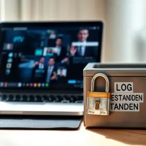 alt_text: A secure home office desk with a laptop showing a blurred IPTV interface next to a padlocked metal box labeled "LOG BESTANDEN."