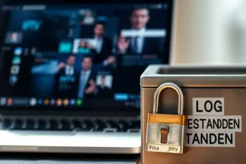 alt_text: A secure home office desk with a laptop showing a blurred IPTV interface next to a padlocked metal box labeled "LOG BESTANDEN."