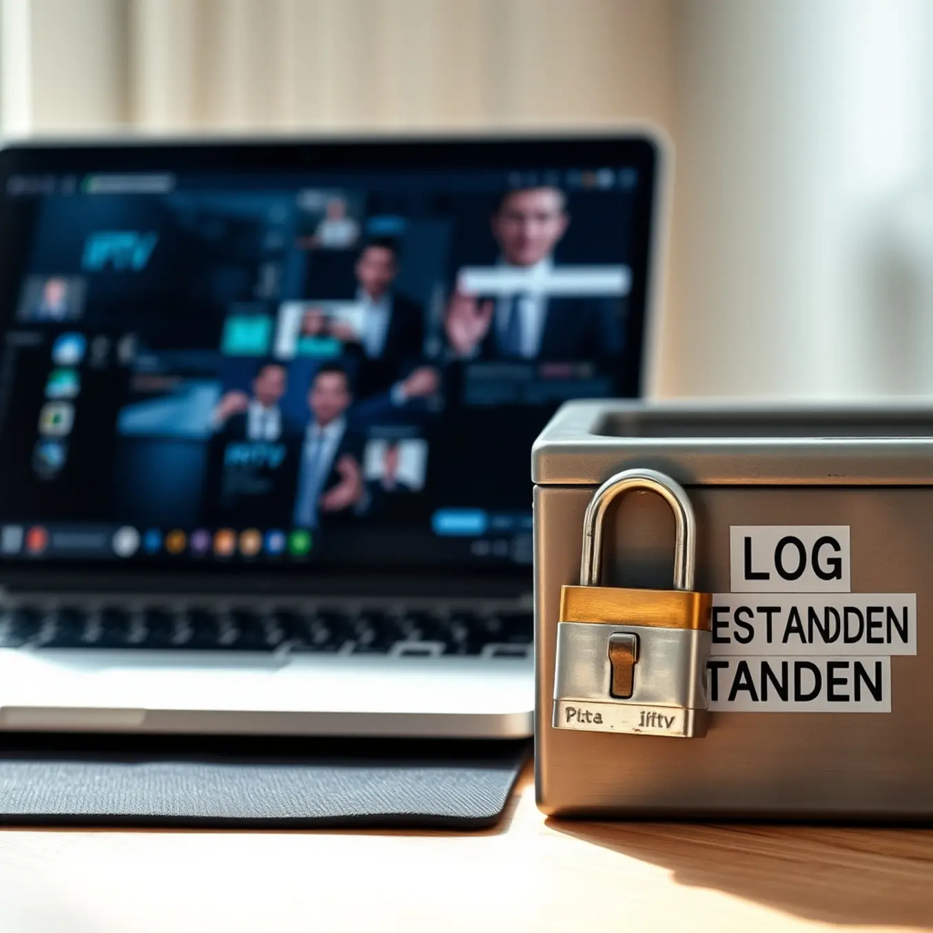 alt_text: A secure home office desk with a laptop showing a blurred IPTV interface next to a padlocked metal box labeled "LOG BESTANDEN."