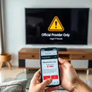 alt_text: A person compares a TV's "Official Provider Only" warning to a suspiciously cheap website on their phone, highlighting a scam risk.