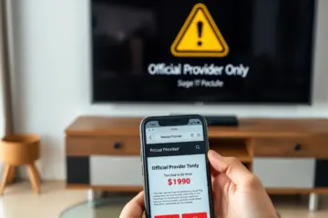 alt_text: A person compares a TV's "Official Provider Only" warning to a suspiciously cheap website on their phone, highlighting a scam risk.