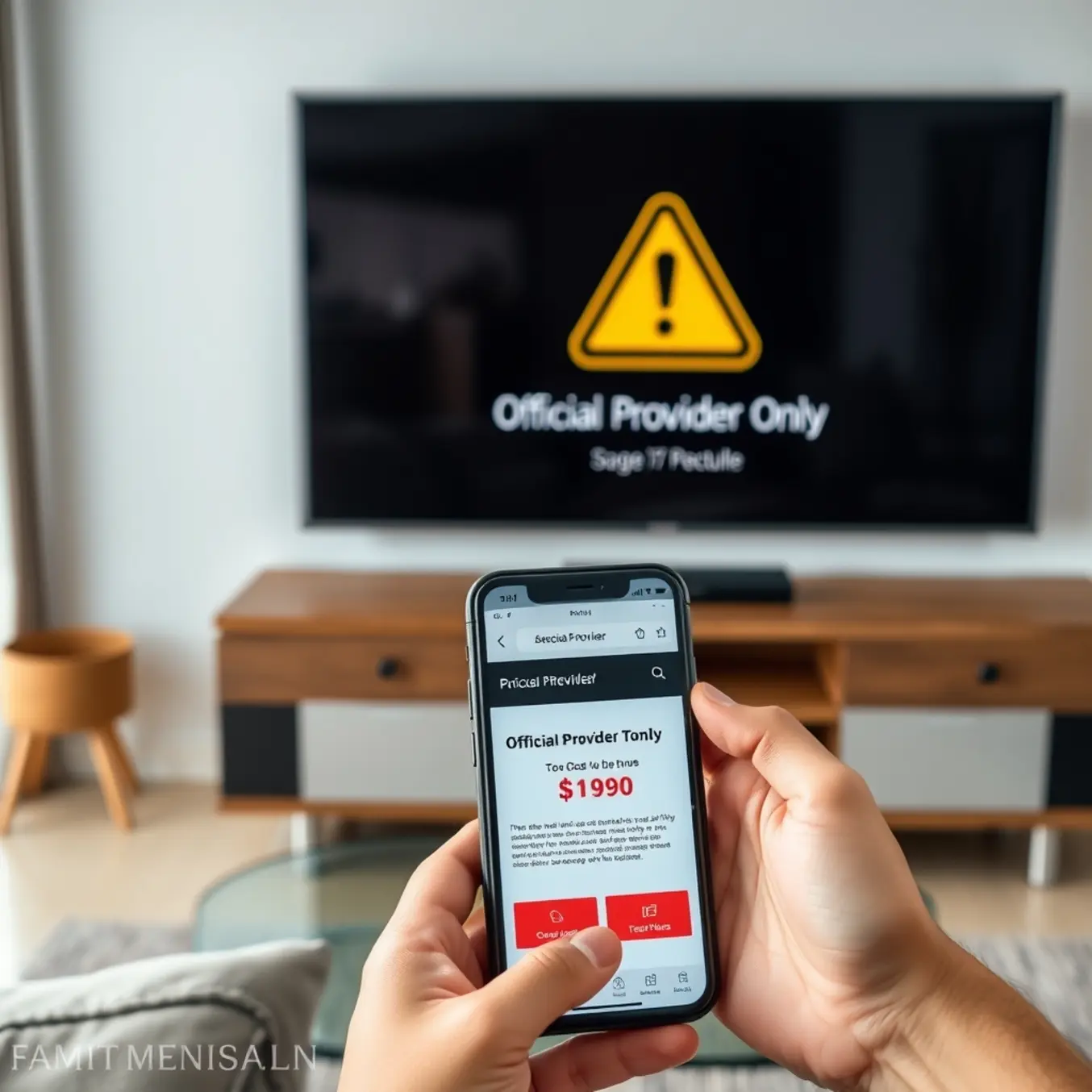 alt_text: A person compares a TV's "Official Provider Only" warning to a suspiciously cheap website on their phone, highlighting a scam risk.