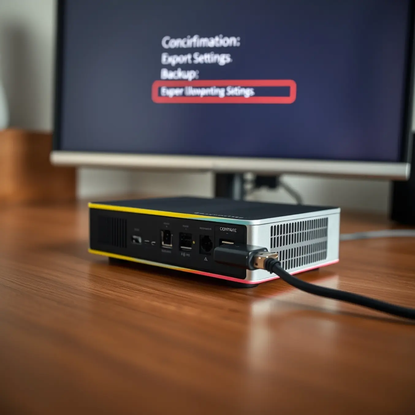 alt_text: A USB drive is inserted into a modern set-top box on a wooden desk, with a monitor in the background confirming a backup process.