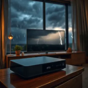 alt_text: A sleek IPTV box on a wooden console, displaying a clear broadcast as a dramatic lightning storm rages outside a rain-streaked window.